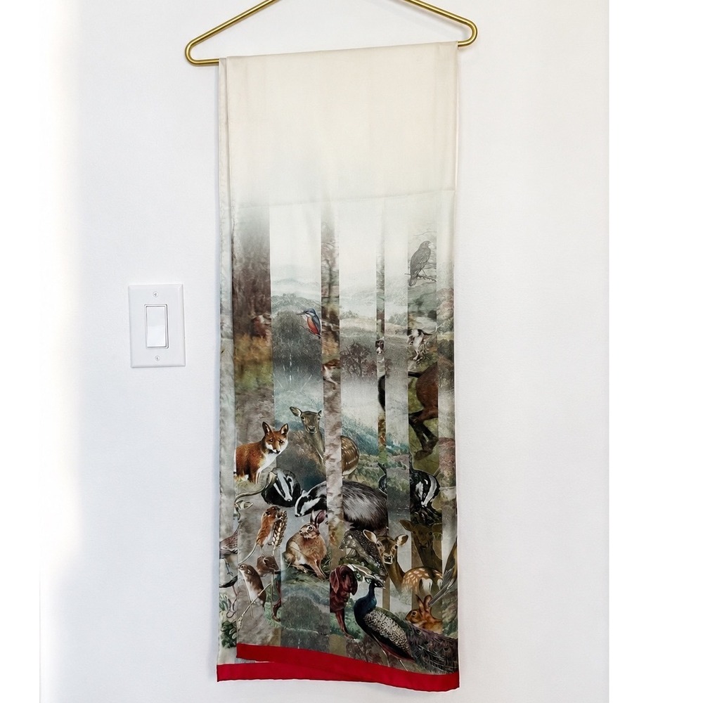 Ted‎ Baker Scarf Women OS Cream Multi 100% Silk Woodland Wildlife Deerdrra Print